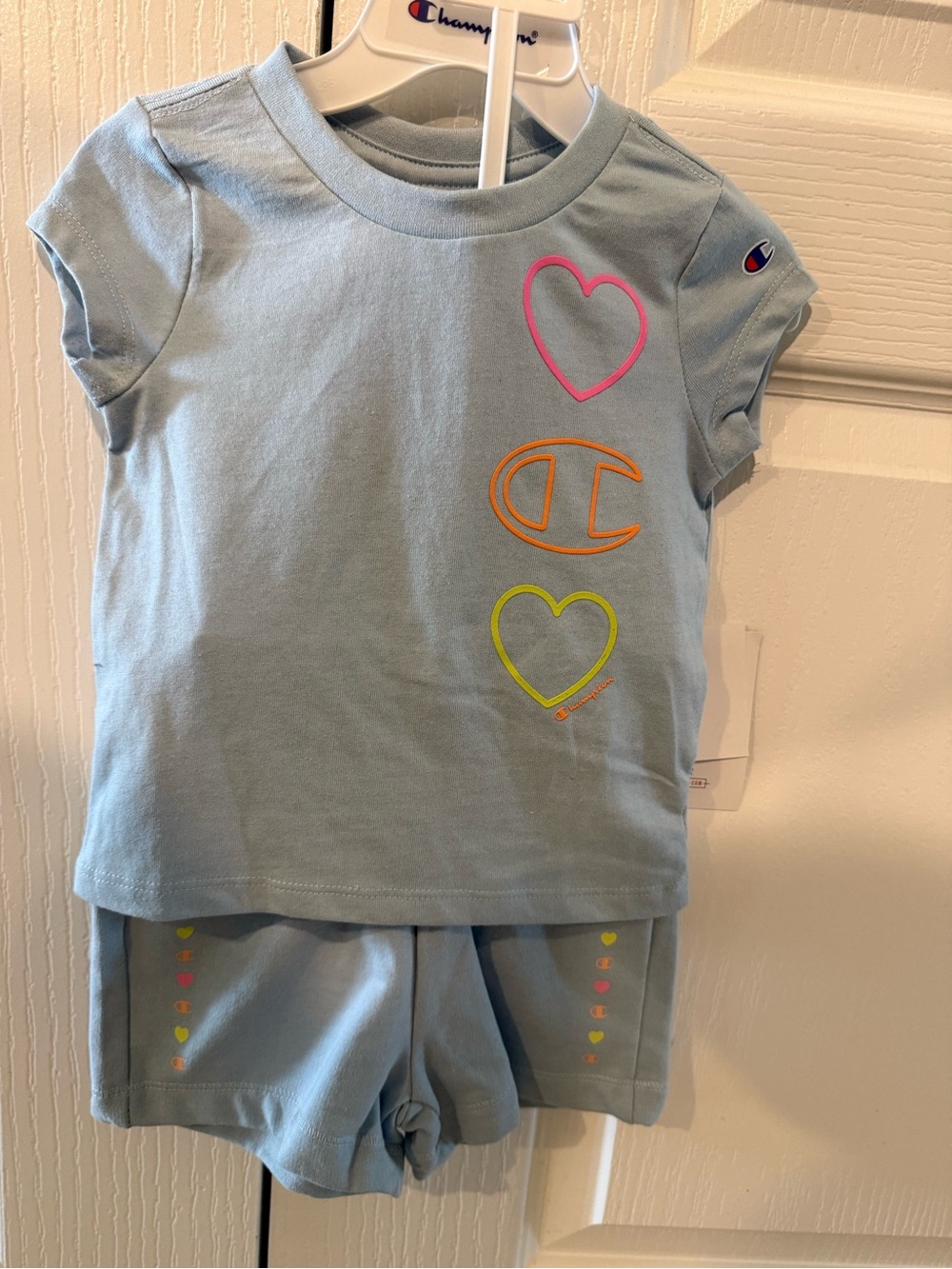 Champion Light Blue Girls Tee & Shorts Set with Neon Hearts